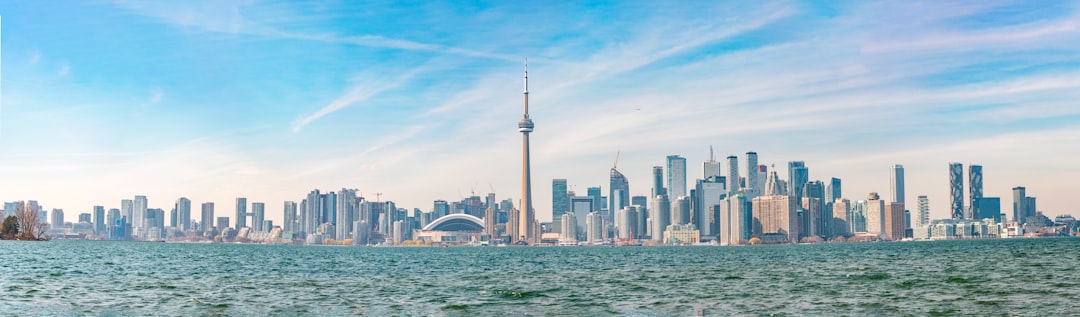 Toronto skyline with CN Tower viewed from Lake Ontario on a clear day