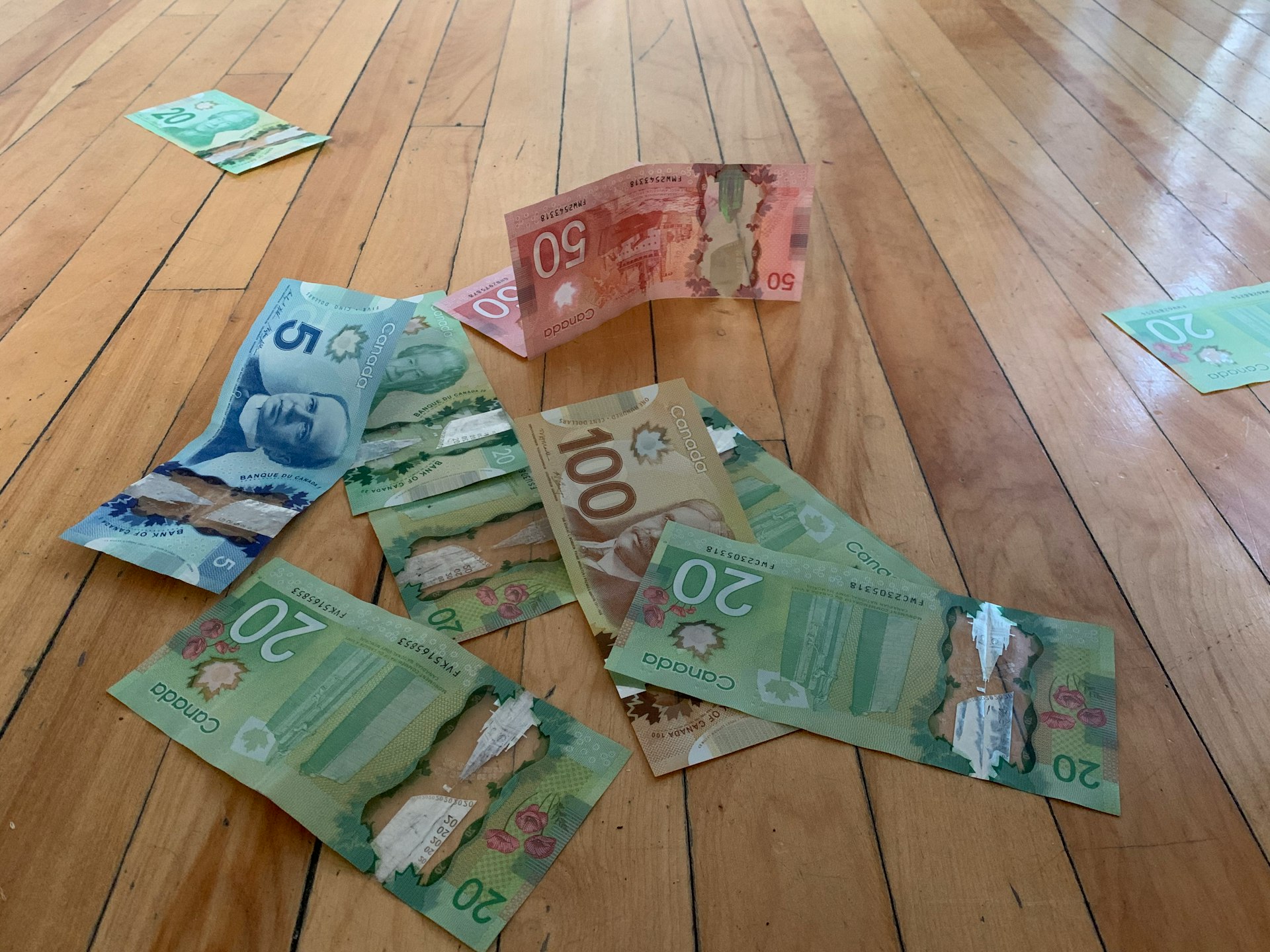 Canadian dollar bills scattered on a wooden floor showing money international students in Canada work to save