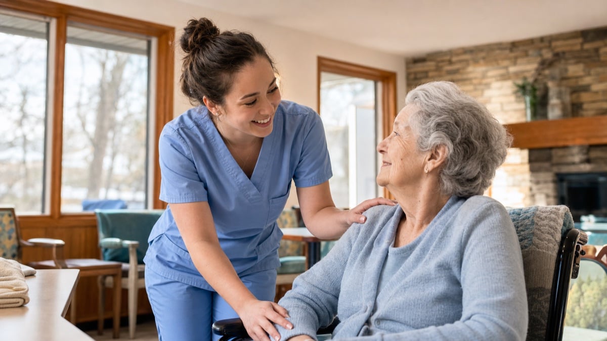 Young personal support worker in scrubs assisting an elderly resident, a labour-shortage GTA job for SOWP holders