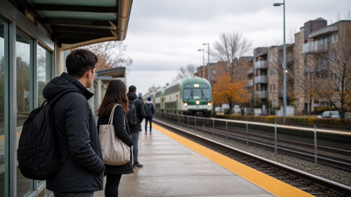 Young commuters waiting for a regional train on a GTA suburban platform near apartment blocks
