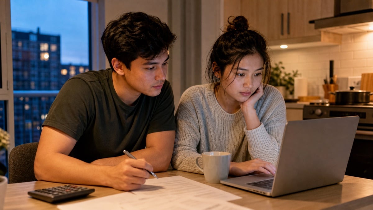 Young couple at a kitchen table working through their household budget with a laptop and calculator