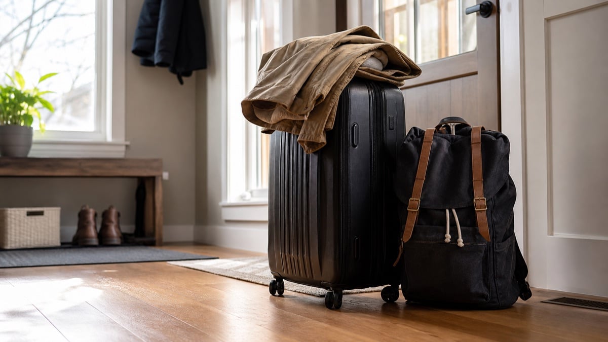 A packed suitcase and backpack ready by a door, illustrating planning a minor's study permit around the school year