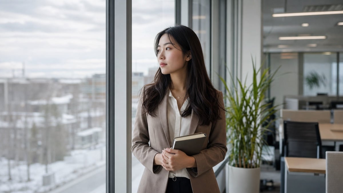 Recent graduate on a post-graduation work permit looking out an office window in Canada, weighing her PGWP length
