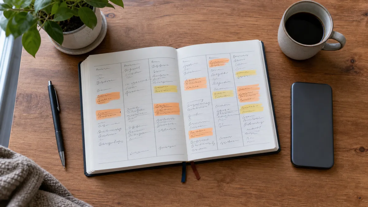 An open notebook with a French verb conjugation chart next to a coffee cup, on a desk in a Montreal apartment