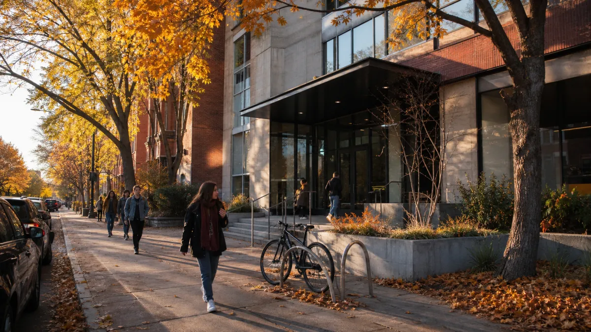 A Montreal evening street scene near a community centre where francisation classes are held