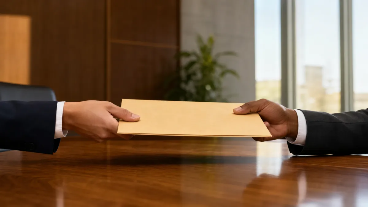Two business-attired hands passing a plain manila folder across a polished wood conference table in a sunlit office