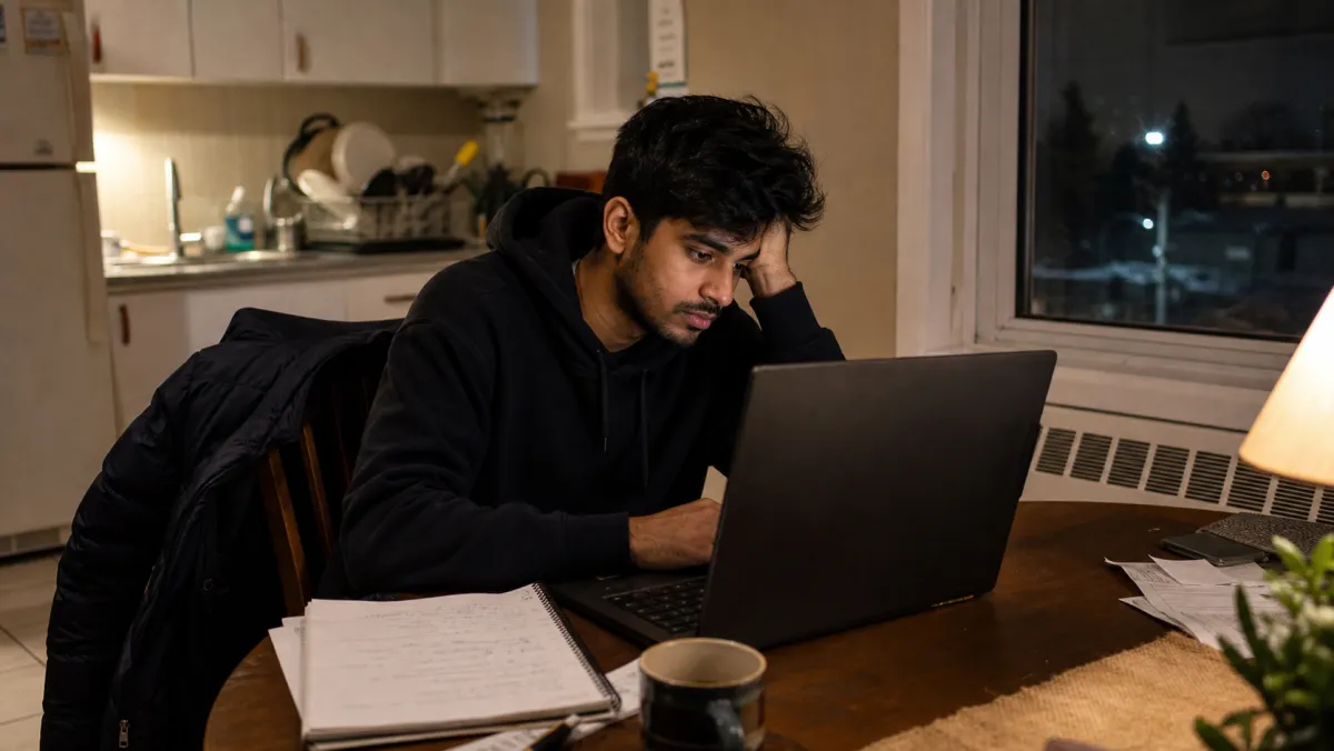 International student frustrated at his laptop after a Canadian resume gets filtered out and returns zero callbacks