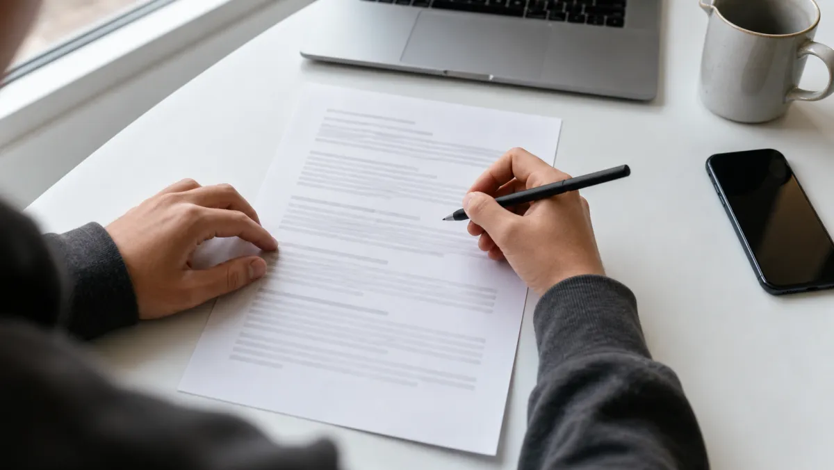 Hands editing a Canadian resume document with a pen, ready to add the PGWP work-authorization line