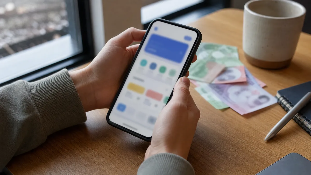 Hands holding a phone researching Quebec immigration pathways with documents and currency on the desk