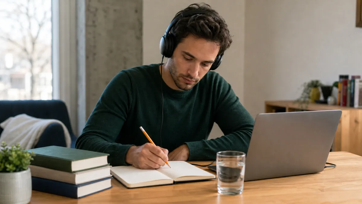 Young adult studying French for TEF Canada with headphones, laptop, notebook and textbooks at a desk