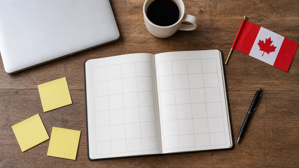 Top-down planning flat lay for a Canadian immigration strategy with a blank monthly planner Canadian flag laptop and sticky notes