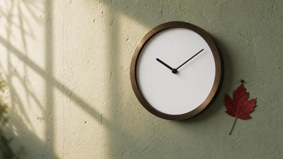 Minimalist analog clock on a sage green wall beside a red maple leaf, representing the IELTS 2-year validity clock for Canada