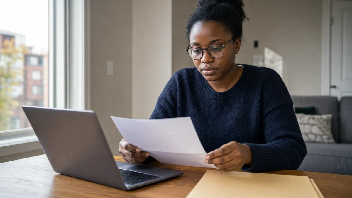 Young Francophone African master's student reading a printed acceptance letter at a Canadian apartment desk, verifying program length and PGWP eligibility before applying for the spousal open work permit