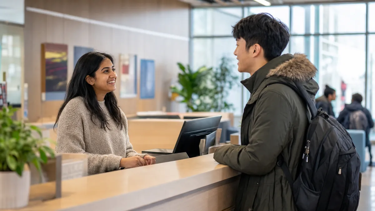 International student talking with an advisor at a campus international centre counter in Canada