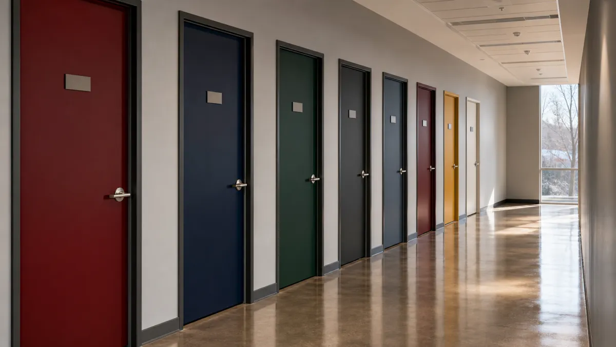 Eight differently colored doors along a modern corridor representing the 8 Canadian banks that refund Student GICs