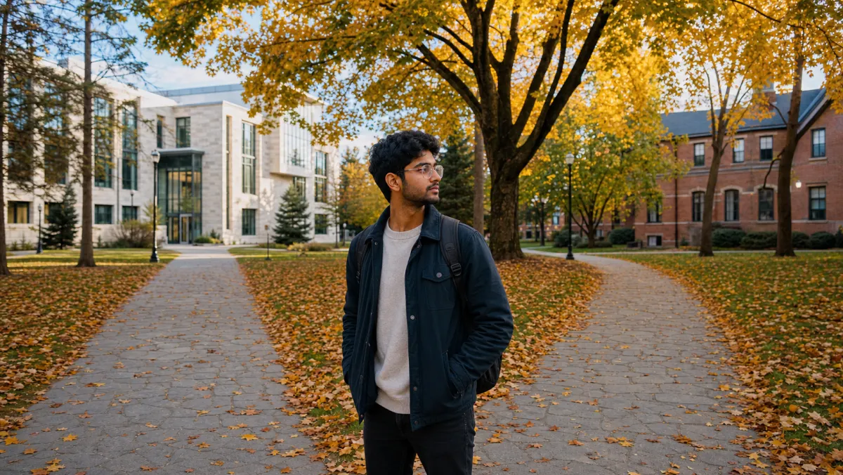 International student weighing French program routes on an autumn Canadian campus walkway
