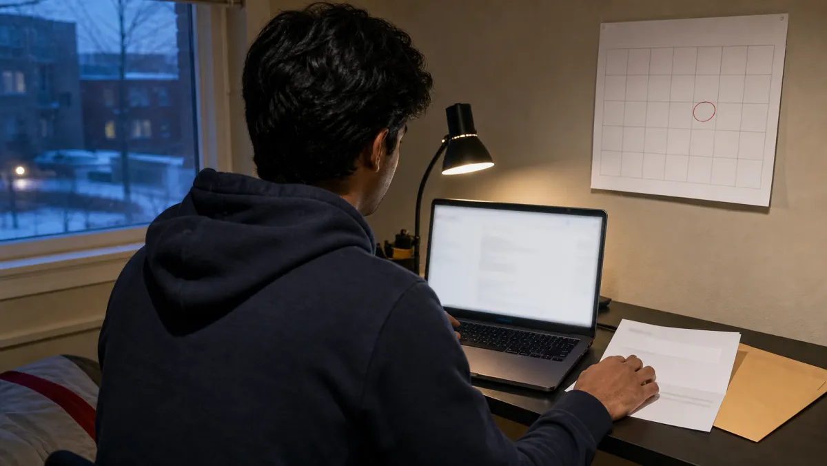 Anxious international student at a laptop with an acceptance letter on the desk and a circled date on a wall calendar while waiting for a PAL
