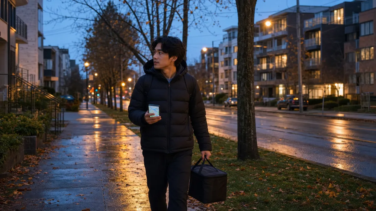International student doing gig delivery work in a Canadian city at dusk, holding phone and insulated bag