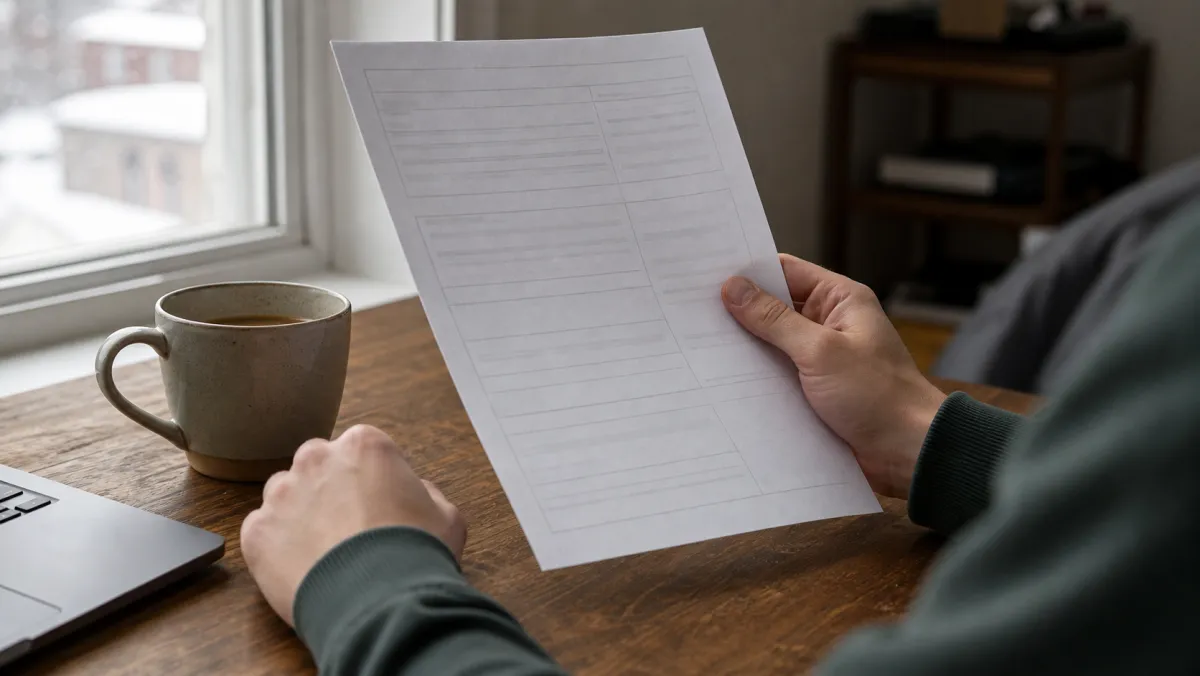 Hands holding a structured one-page IRCC-style refusal letter at a home desk