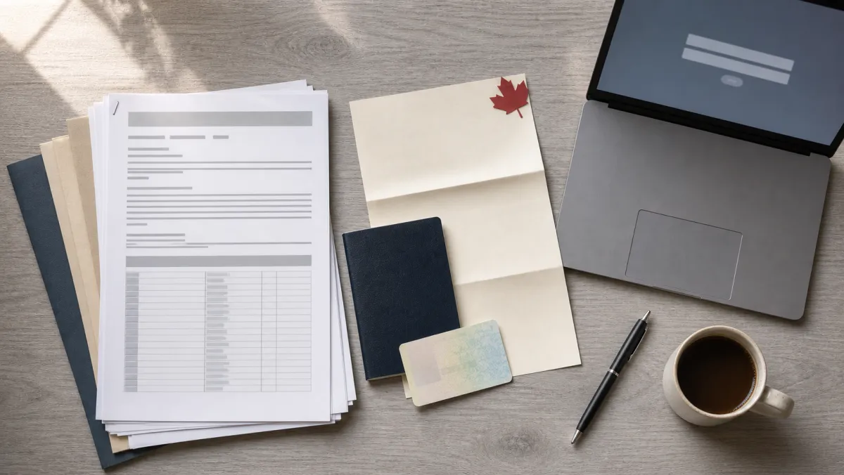 Flat-lay mockup of the four-document employer packet: study permit, completion letter, AOR email, and IMM 0127 E letter