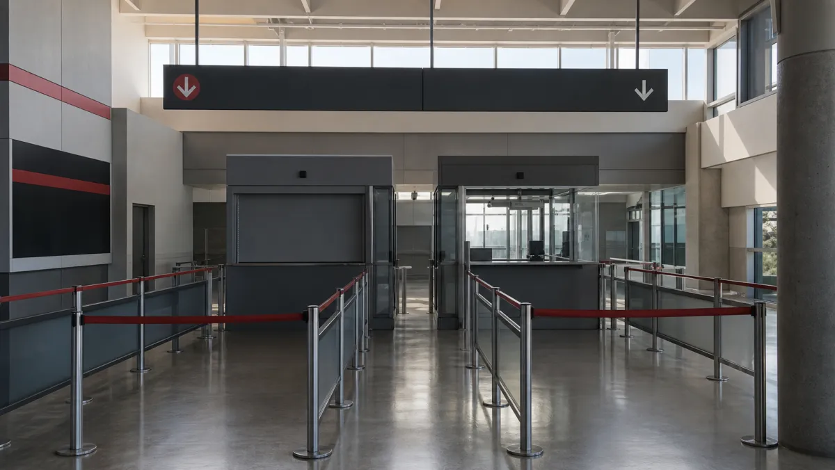 Two diverging queue lanes inside a Canadian customs hall — one closed, one open — illustrating the PGWP applicant decision