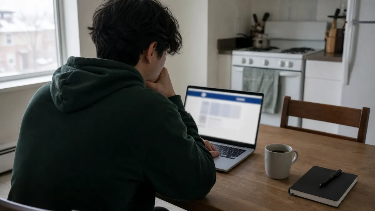 International student reading about the Quebec PEQ abolition on the MIFI website with notebook and coffee on a desk.