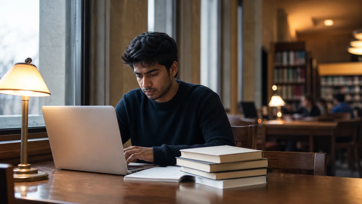 Indian international student reviewing a Canadian university midterm grade on a laptop in a campus library