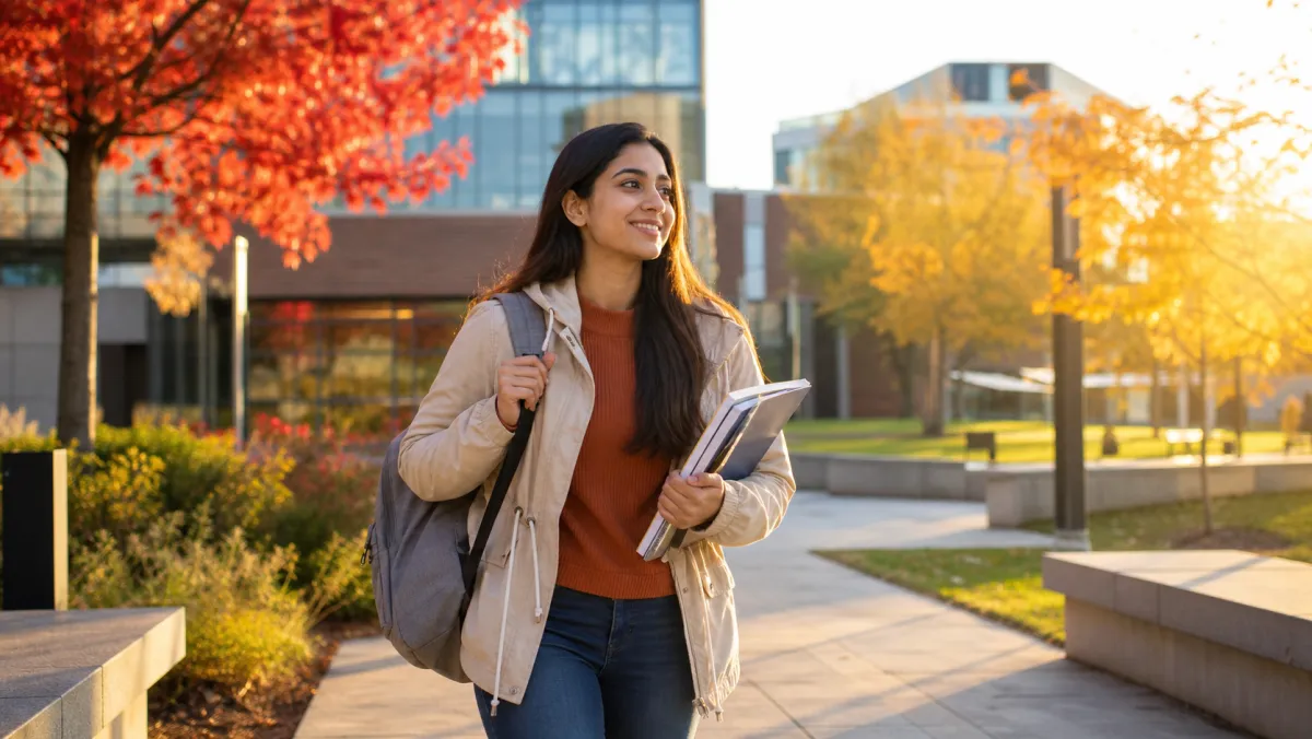 International student walking across a Canadian college campus in autumn, the downstream PGWP-eligible step in a valid ESL pathway.