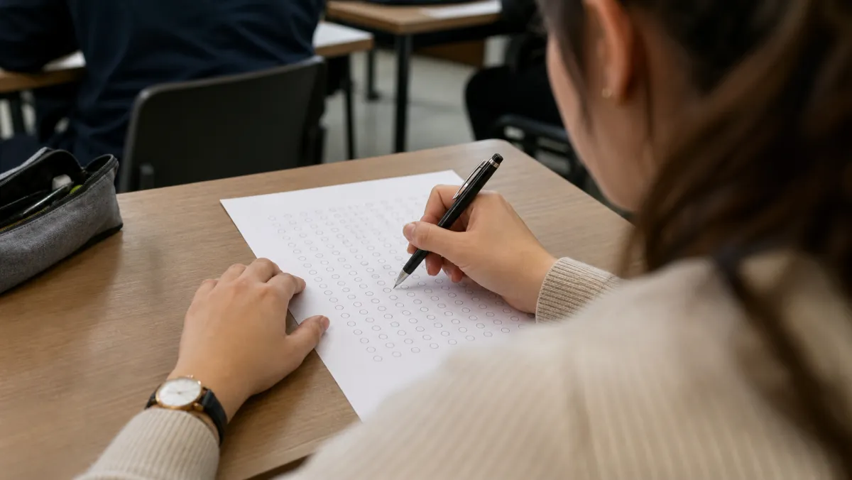 Hands filling in a blank IELTS-style answer sheet during a language proficiency test for a Canada work permit