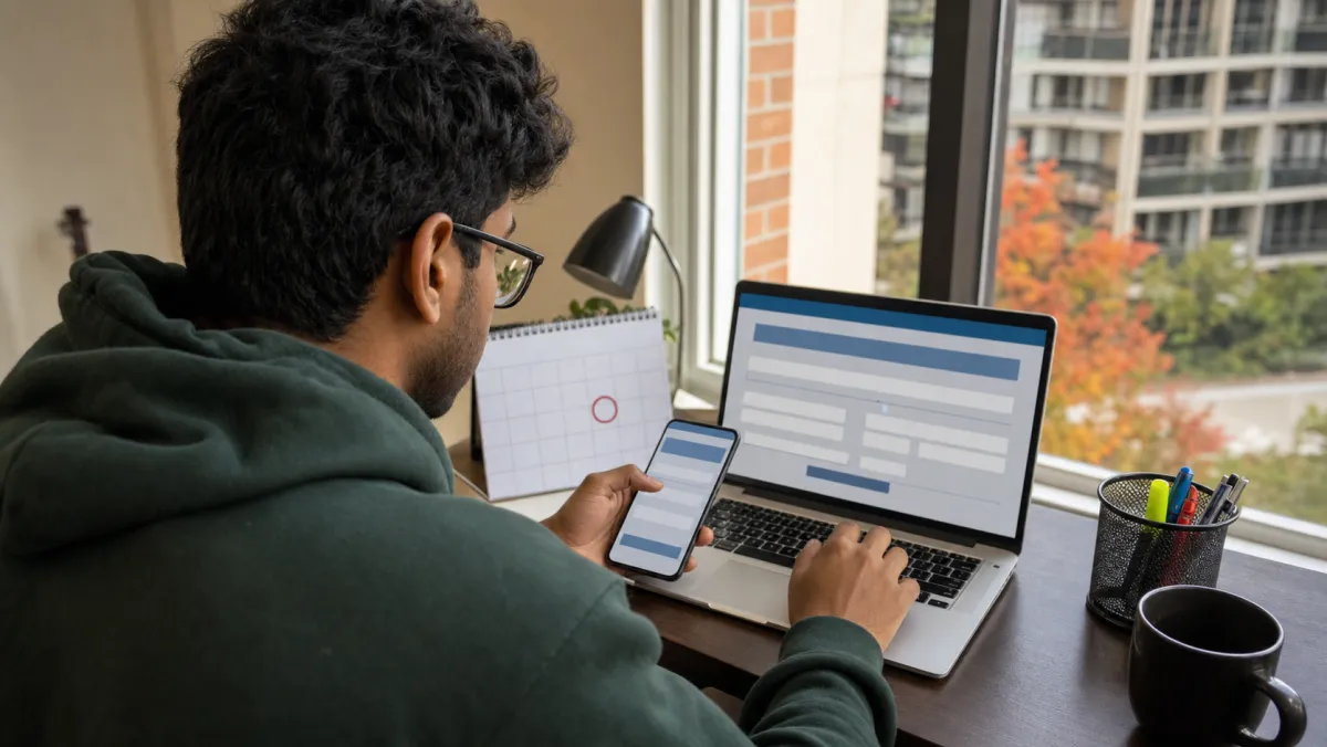 Young international student cross-referencing IRCC ESL Canada PGWP rules on a phone and laptop