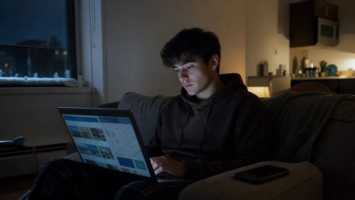 International student browsing rental listings alone at night by laptop glow, the moment scams target