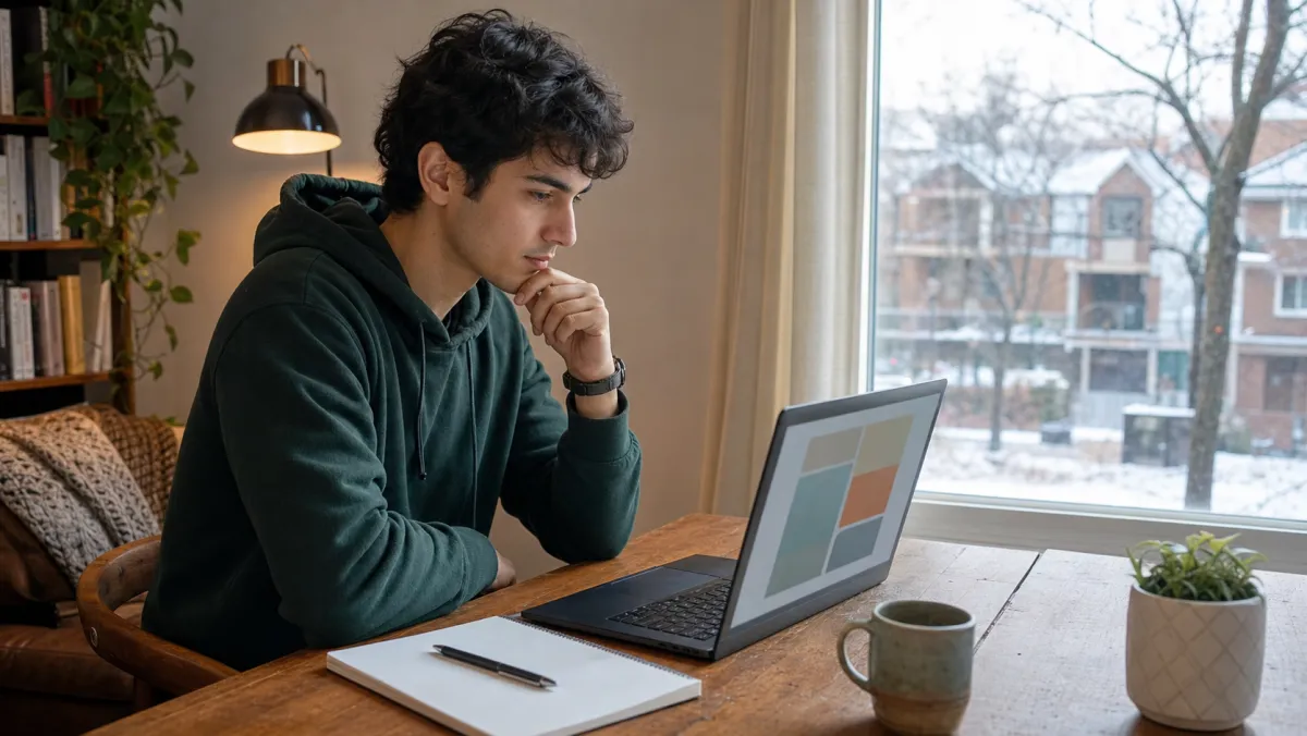 Young worker at a laptop comparing NOC codes and TEER levels for their retail job