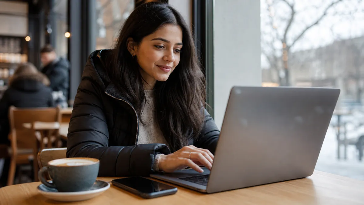 International student typing a personalized LinkedIn networking message on a laptop in a Canadian cafe