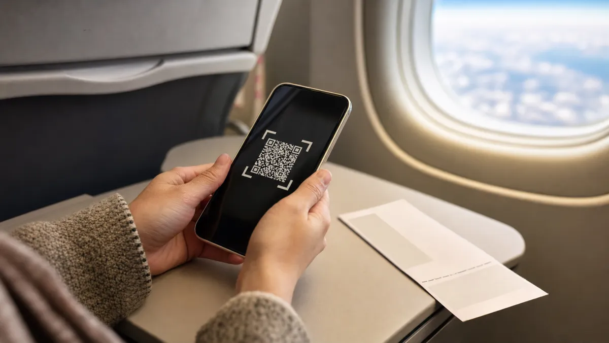 International student activating an eSIM on a smartphone with Toronto airport in the background