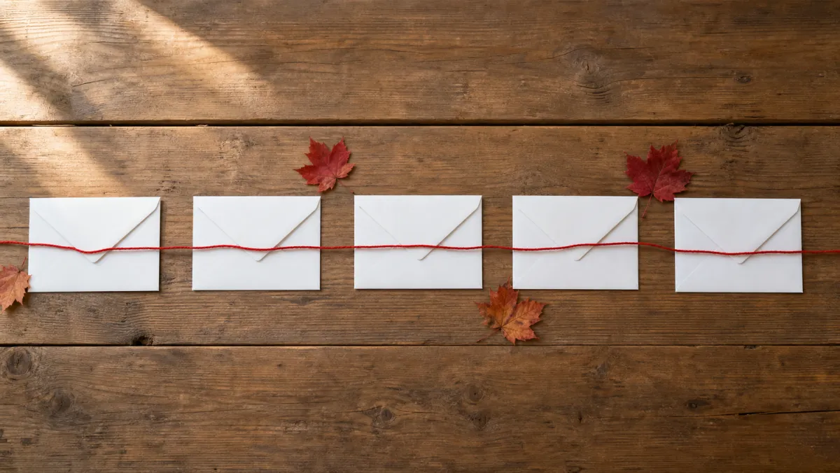 Five blank white envelopes connected by red string on a wooden table with maple leaves, symbolizing the five IRCC submission moments for IELTS