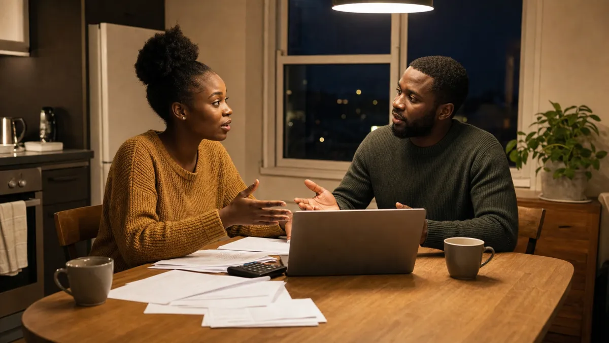 Francophone African couple seated at a kitchen table at night discussing the four alternative pathways to keep the spouse in Canada legally, with study permit paperwork and a calculator between them