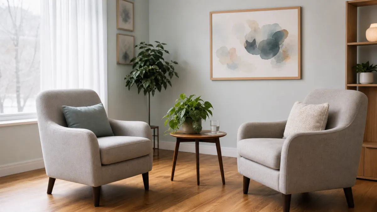 Quiet campus counselling room with two armchairs available to international students in Canada