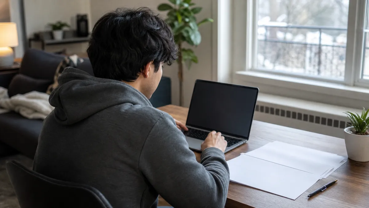 International student at a laptop with paperwork, the moment IRCC pulls T4 history against a PGWP application