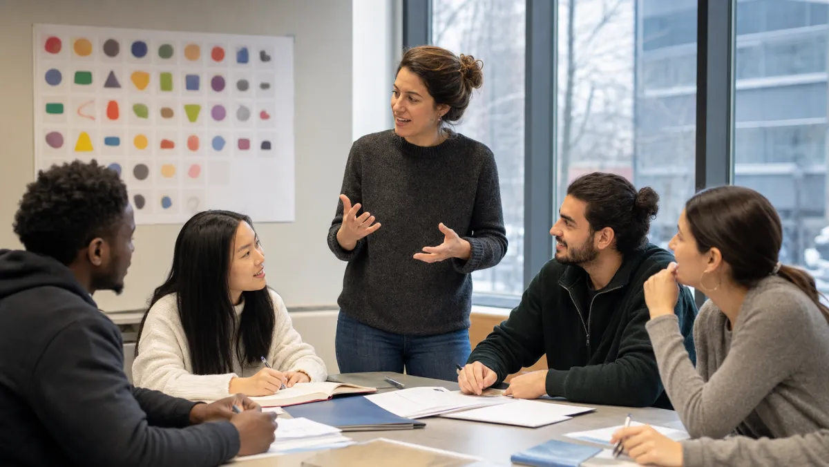 Adult learners in a Quebec Francisation classroom listening to a teacher explain a lesson