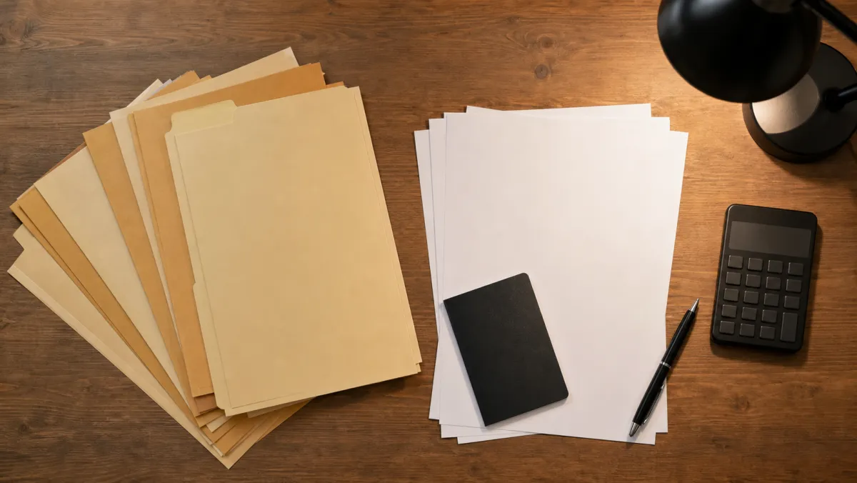 Organized study permit reapplication documents fanned out on a desk with passport and calculator