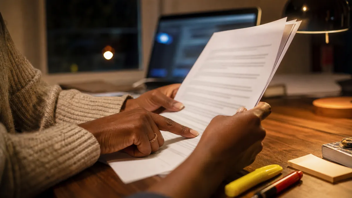 Hands of an African applicant holding a printed multi-page refusal document under a desk lamp at night, highlighter and pen beside the GCMS notes