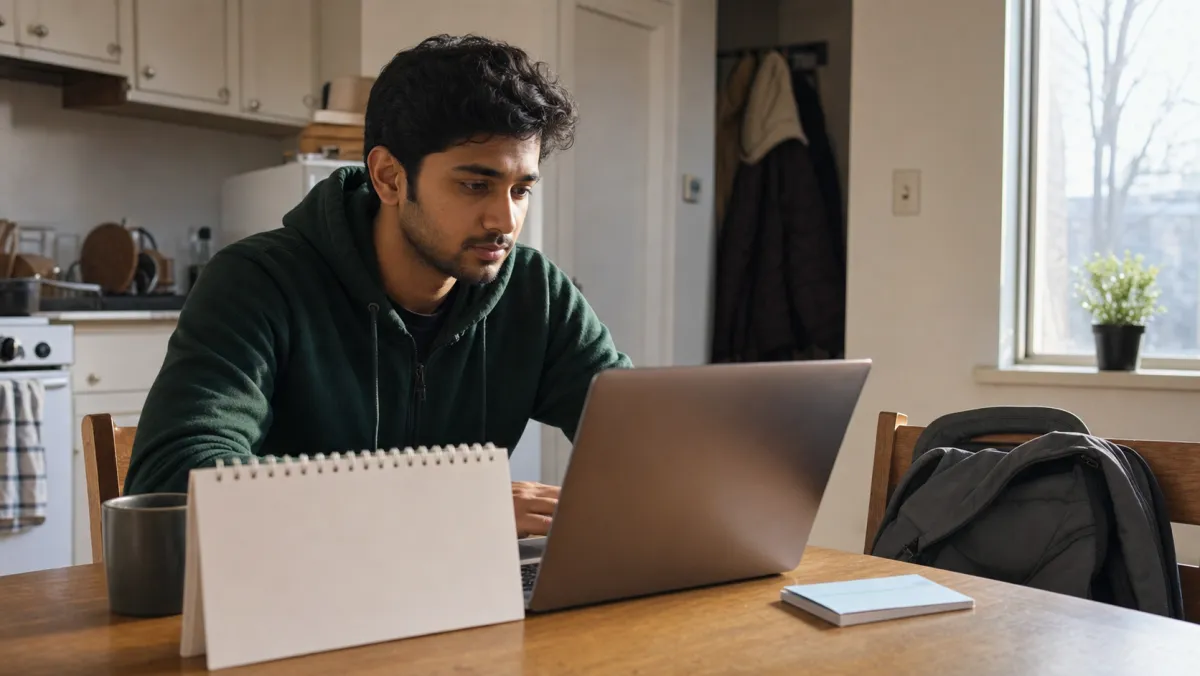 Indian study permit applicant planning his non-SDS submission timeline at a kitchen table with calendar and laptop
