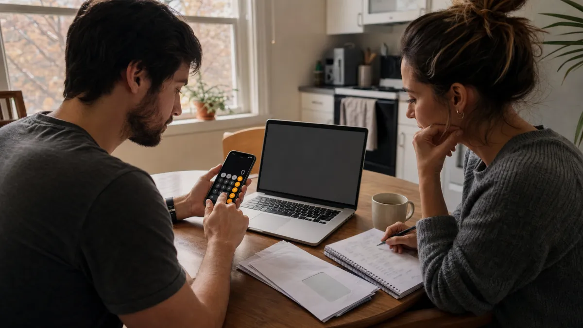 Young couple reviewing study permit reapplication costs at a kitchen table with calculator and notebook
