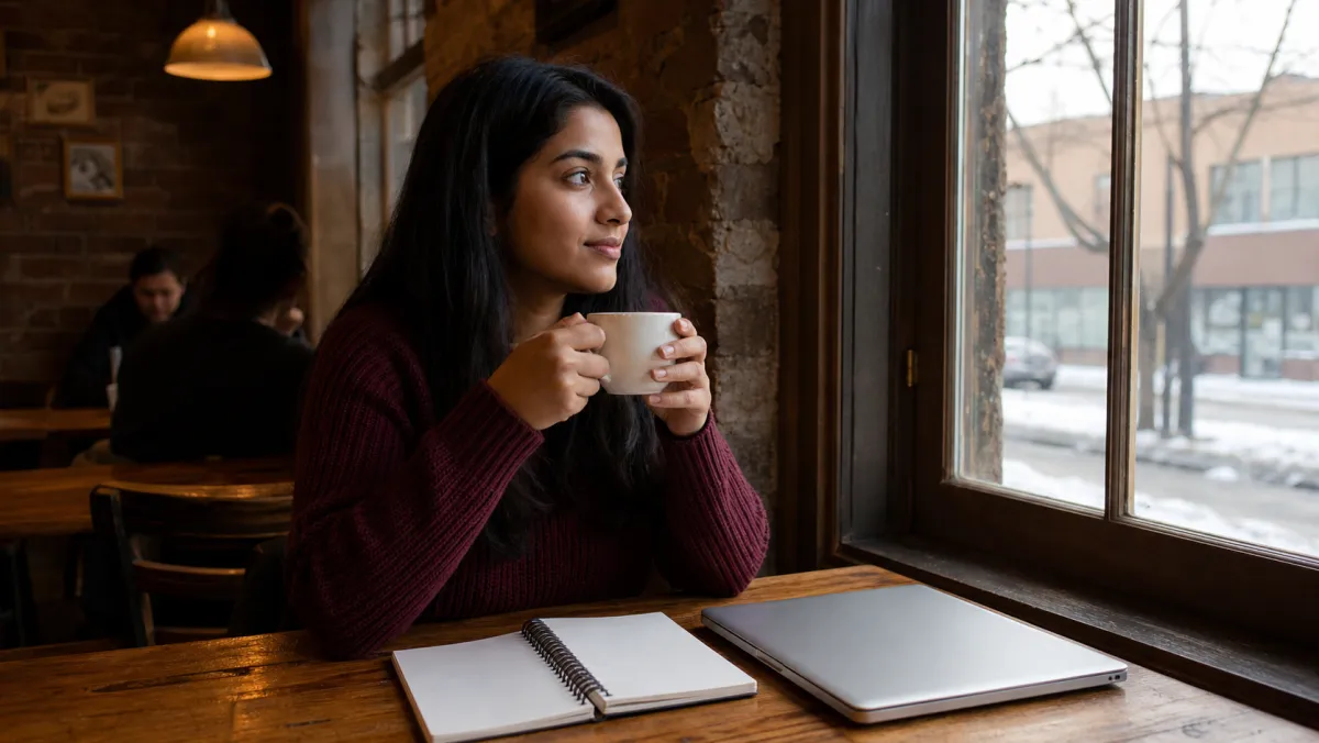 South Asian commerce student at a Montreal-style café window reflecting after a McGill midterm