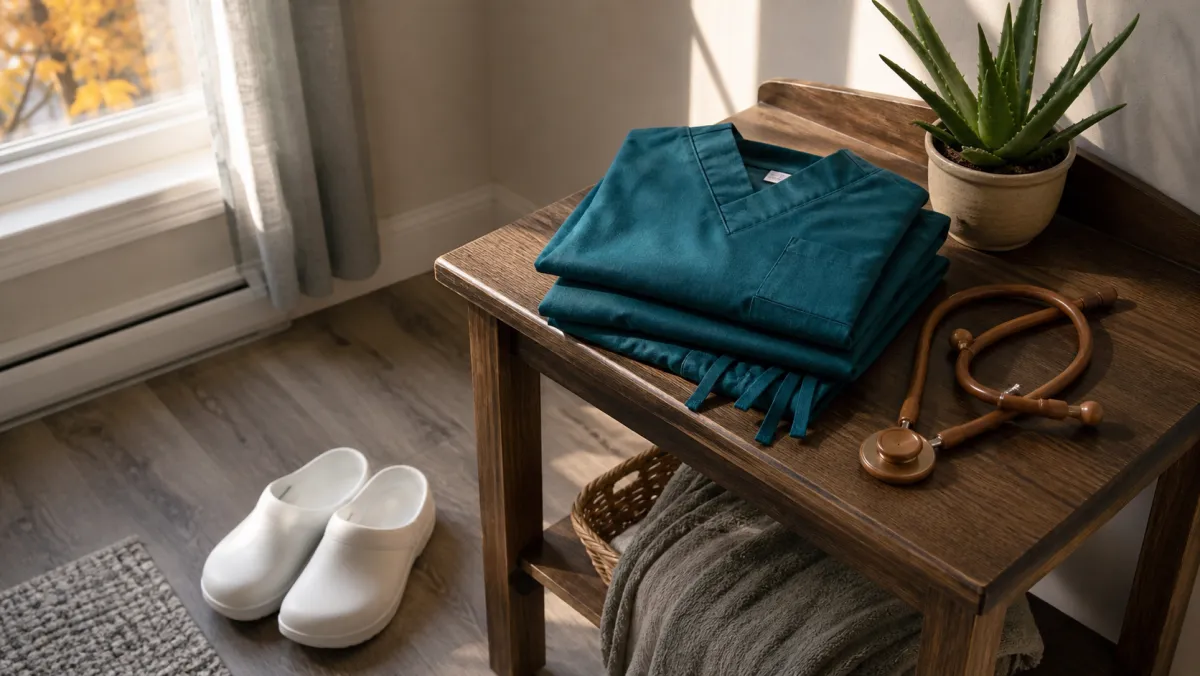 Folded teal PSW scrubs, stethoscope and nursing clogs ready for a shift