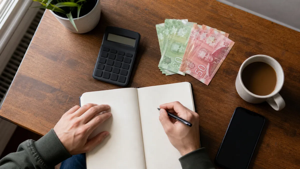 Canadian dollar bills, calculator, notebook and phone on a desk as a student studying English in Canada works through a real monthly budget.