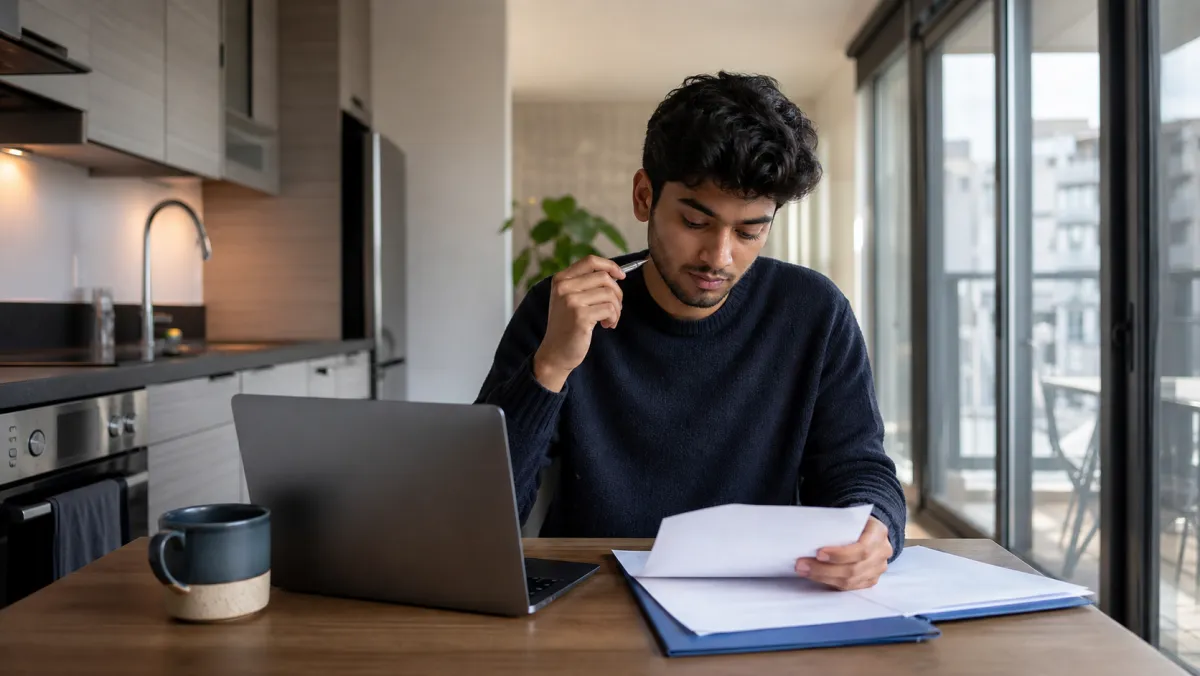 International student pen in hand working through a PGWP eligibility checklist beside a laptop and program documents