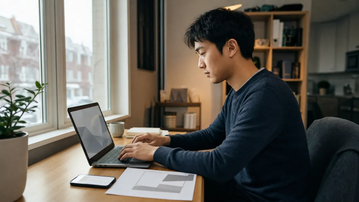 Graduate composing a registrar escalation email at a home desk with a laptop and printed document