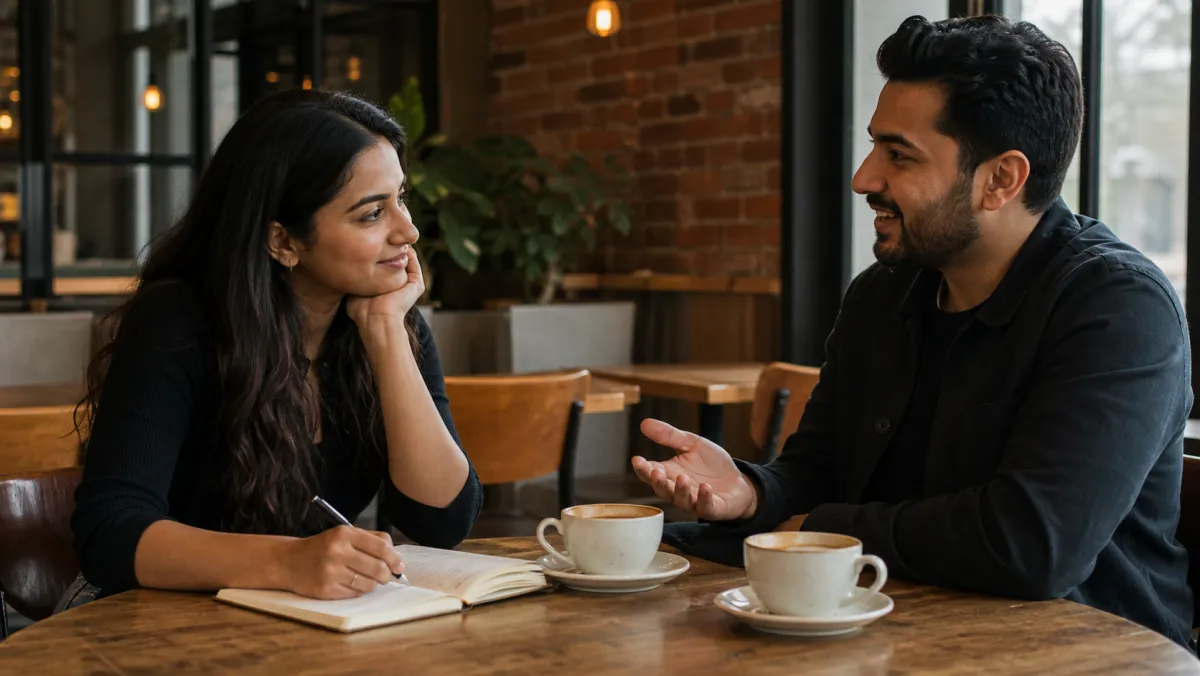International student in an informational interview coffee chat with a professional in a Canadian cafe