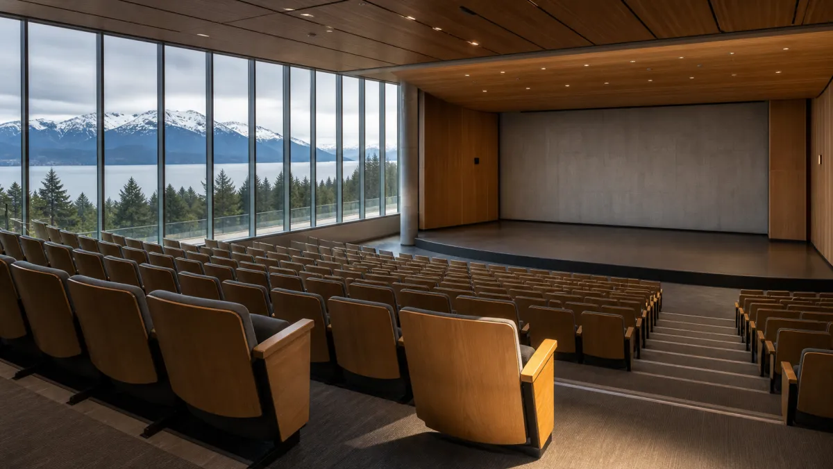 Empty modern Canadian university lecture hall with tall windows revealing snow-capped coastal mountains, evoking a missed semester while a study permit sits in security screening